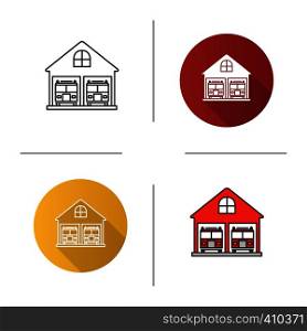 Fire station icon. Flat design, linear and color styles. Firehouse. Garage with two fire trucks. Isolated vector illustrations. Fire station icon