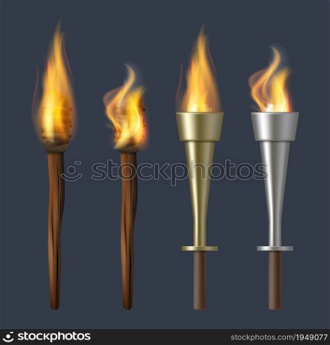 Fire torch. Realistic flame torches olympic bonfire vector illustrations. Fire burn flame torch, flare realistic collection. Glow and bright design flame. Fire torch. Realistic flame torches olympic bonfire vector illustrations