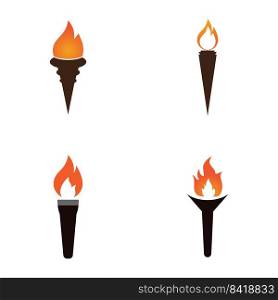 Fire torch with flame flat icons set. Collection of symbol flaming, illustration