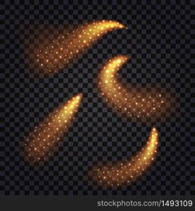 Fire trails, set of swirls with glowing light effect isolated on t5ransparent background siwth shiny sparkles. Comest or meteors in motion. Vector illustration