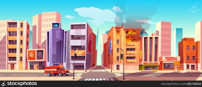 Fire truck riding on city street to burning building with blaze and smoke break out of windows. Firefighters hurry to accident in town, house in flame, red car on crossroad Cartoon vector illustration. Fire truck riding at street to burning building