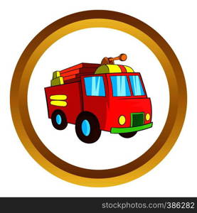 Fire truck vector icon in golden circle, cartoon style isolated on white background. Fire truck vector icon