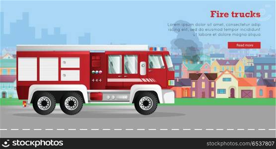 Fire Trucks Vector Flat Web Banner. Fire trucks banner. Modern fire engine rides on fire, town buildings, smoke flat vector illustrations. Fire apparatus, fire appliance concept. For firefighting company, fire department web page design