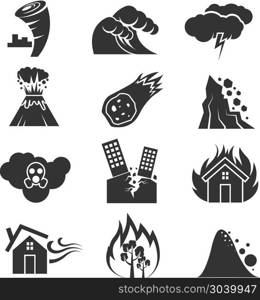 Fire, tsunami, snow, storm, thunder, tornado, hurricane, earthquake disaster vector icons. Fire and tsunami, snow storm and tornado, hurricane and earthquake disaster vector icons. Volcano and meteorite, rockfal and poisonous cloud illustration