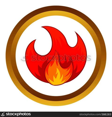 Fire vector icon in golden circle, cartoon style isolated on white background. Fire vector icon