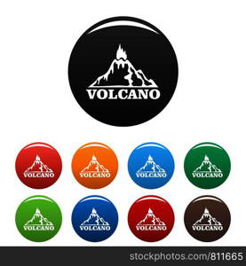 Fire volcano icons set 9 color vector isolated on white for any design. Fire volcano icons set color