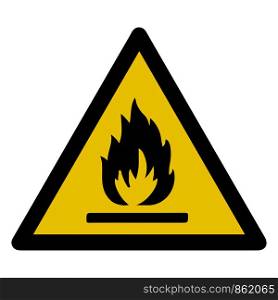 Fire warning sign in yellow triangle. Flammable, inflammable substances icon. Vector