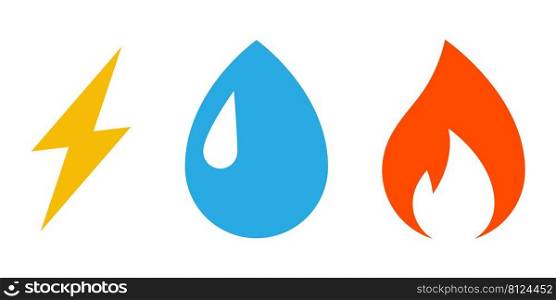 Fire, water drop and flash icon set