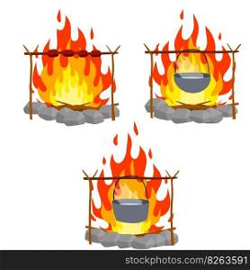 Fire with branches and stones. Cartoon flat illustration. Cooking in the c&aign. C&fire with pot. Boiling water and food preparation in c&. Fire with branches and stones.