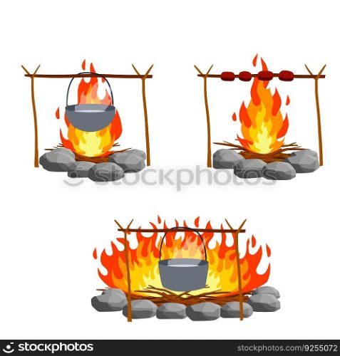Fire with branches and stones. Cartoon flat illustration. Cooking in the c&aign. C&fire with pot. Boiling water and food preparation in c&. Fire with branches and stones.