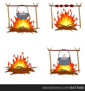 Fire with branches and stones. Cartoon flat illustration. Cooking in the c&aign. C&fire with pot. Boiling water and food preparation in c&