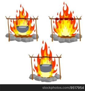 Fire with branches and stones. Cartoon flat illustration. Cooking in the campaign. Campfire with pot. Boiling water and food preparation in camp. Fire with branches and stones