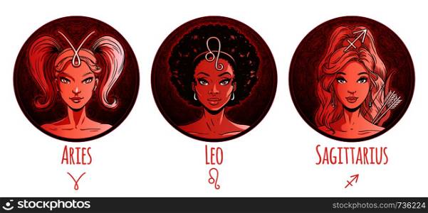 Fire zodiac set, beautiful girls, Aries, Leo, Sagittarius, horoscope symbol, star sign, vector illustration