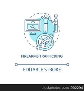 Firearms trafficking blue concept icon. Security guard searching for weapons. Arrest smuggler. Deportation abstract idea thin line illustration. Vector isolated outline color drawing. Editable stroke. Firearms trafficking blue concept icon