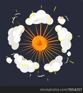 Fireball explosion of energy, isolated icon of abstract shape. Glowing bright plasma with smoke and clouds. Rounded form of eruption. Outburst for game design. Vector in flat style illustration. Fireball with Smoke and Flame, Plasma or Ball