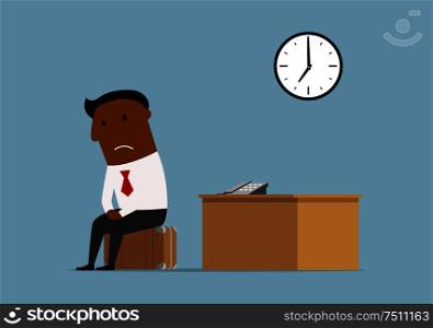 Fired cartoon dark skinned businessman packed his suitcase and sit down for a moment at his workplace for a last time after bankruptcy. Unemployment, bankrupt and jobless concept. Fired businessman leaving office after bankruptcy