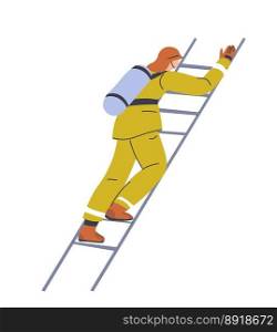 firefighter at work climbing on ladder, putting out and extinguishing fire and flames. Man in protective suit with helmet on head proceeds on stairs to save lives. Vector in flat style illustration. Fireman climbing on ladder, firefighter at work