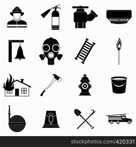 Firefighter black simple icons set isolated on white background. Firefighter black simple icons set