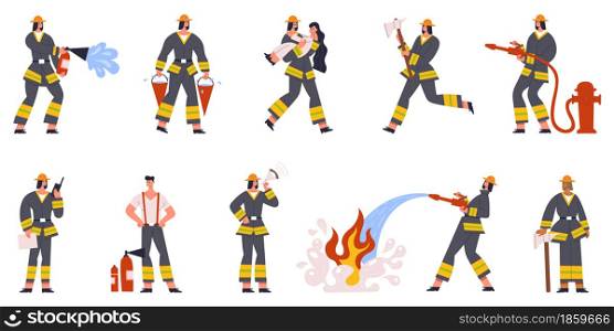 Firefighter characters emergency service watering fire and save people. Firefighting situations vector illustration set. Firefighters in action poses. Firefighter profession cartoon, occupation rescue. Firefighter characters emergency service watering fire and save people. Firefighting emergency situations vector illustration set. Firefighters in action poses