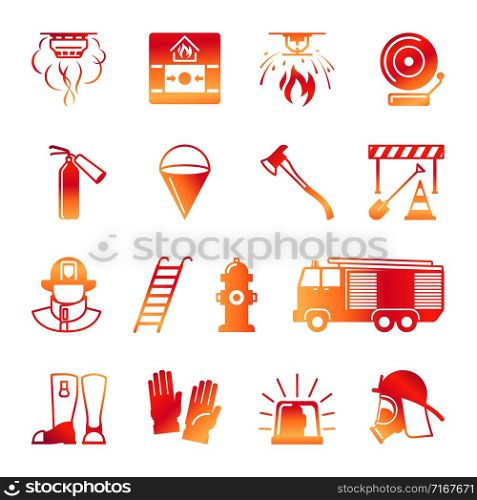 Firefighter colorful icons. Fireman and fire equipment, alarm and fire axe signs isolated on white, vector illustration. Firefighter colorful icons