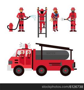 Firefighter Decorative Icons Set. Firefighter flat color icons set on white background with firetruck and fireman brigade isolated vector illustration
