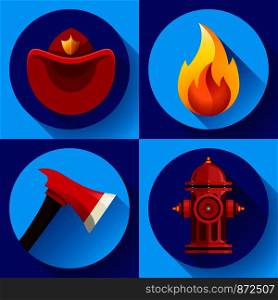 Firefighter elements set collection, including axe, fire flame protective helmet and hydrant vector illustration.. Firefighter icons elements set