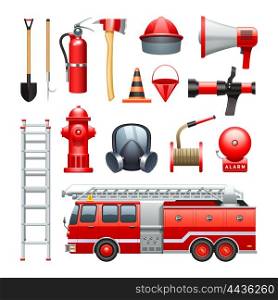 Firefighter Equipment And Machinery Icons Set . Firefighter tools equipment and engine red realistic icons collection with water house and extinguisher abstract vector illustration