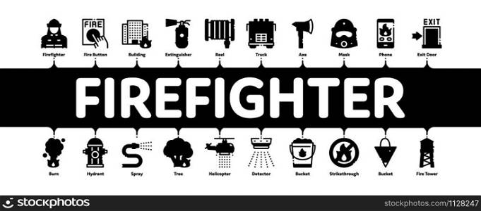 Firefighter Equipment Minimal Infographic Web Banner Vector. Firefighter Man Silhouette In Mask, Extinguisher, Axe And Fire Department Truck Concept Illustrations. Firefighter Equipment Minimal Infographic Banner Vector