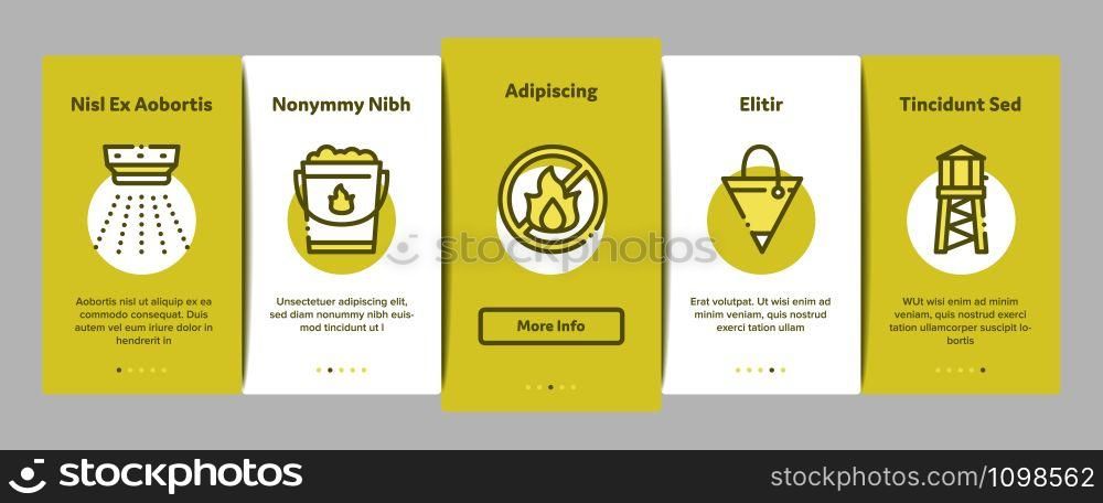 Firefighter Equipment Onboarding Mobile App Page Screen. Firefighter Man Silhouette In Mask, Extinguisher, Axe And Fire Department Truck Concept Illustrations. Firefighter Equipment Onboarding Elements Icons Set Vector