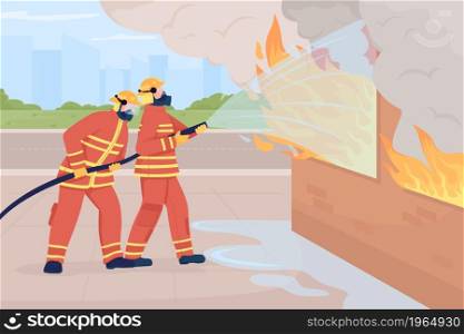 Firefighter extinguishing building fire flat color vector illustration. Responding to emergency incident. First responders fighting fire 2D cartoon characters with cityscape on background. Firefighter extinguishing building fire flat color vector illustration