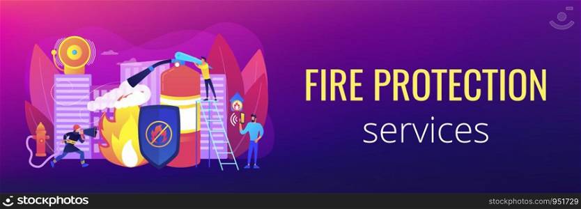 Firefighter extinguishing flame character. Rescuer dangerous job. Fire protection, fire prevention technologies, fire protection services concept. Header or footer banner template with copy space.. Fire protection concept banner header.