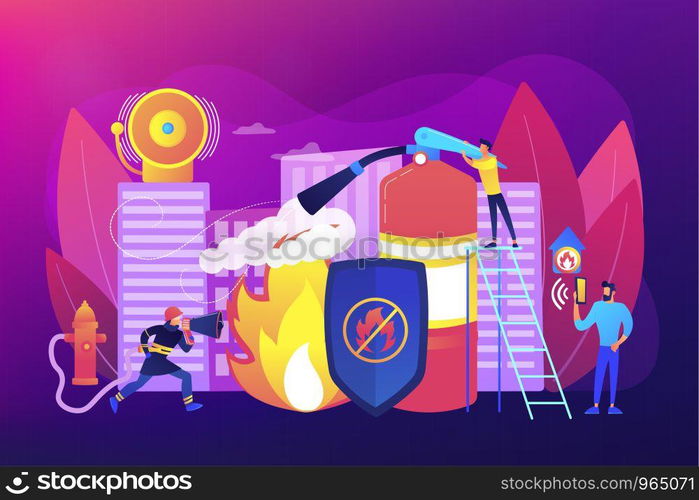 Firefighter extinguishing flame character. Rescuer dangerous job. Fire protection, fire prevention technologies, fire protection services concept. Bright vibrant violet vector isolated illustration