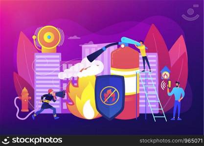 Firefighter extinguishing flame character. Rescuer dangerous job. Fire protection, fire prevention technologies, fire protection services concept. Bright vibrant violet vector isolated illustration
