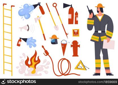 Firefighter, fireman character with fire fighting equipment tools. Fireman in uniform with fire hose hydrant, fire extinguisher vector illustration set. Fireman character and firefighter elements. Firefighter, fireman character with fire fighting equipment tools. Fireman in uniform with fire hose hydrant, fire extinguisher vector illustration set. Fireman character