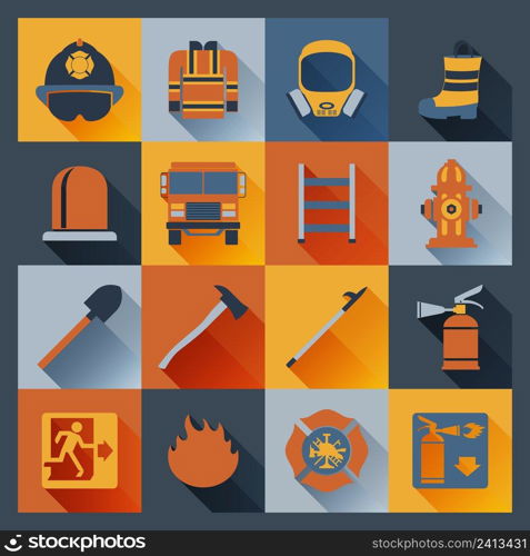 Firefighter flat icons set with badge ladder hat alarm equipment isolated vector illustration