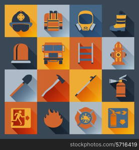 Firefighter flat icons set with badge ladder hat alarm equipment isolated vector illustration