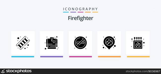Firefighter Glyph 5 Icon Pack Including match. c&ing. fire. map. fire. Creative Icons Design