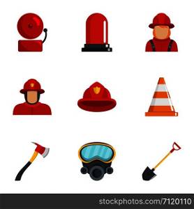 Firefighter icons set. Cartoon set of 9 firefighter vector icons for web isolated on white background. Firefighter icons set, cartoon style