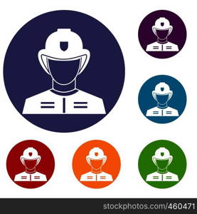 Firefighter icons set in flat circle reb, blue and green color for web. Firefighter icons set