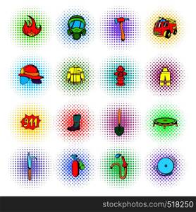 Firefighter icons set in pop art style for any design. Firefighter icons set