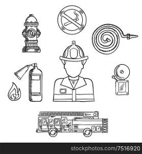Firefighter in protective helmet and uniform with fire protection sketch symbols, such as fire truck, hydrant, extinguisher, fire alarm and no smoking sign. Rescue and fire department professions theme design . Firefighter with fire protection sketch symbols