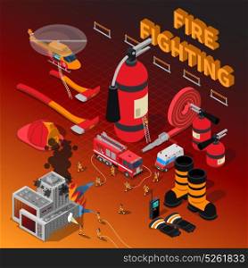 Firefighter Isometric Composition. Firefighter isometric composition with fireman rescue operation extinguisher boots truck hose axe helmet helicopter gloves vector illustration