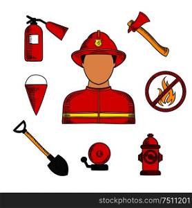 Firefighter or fireman profession with man in red protective helmet and suit, flanked by fire axe, conical bucket and shovel, extinguisher and fire alarm, hydrant and prohibition sign. Vector sketch. Fireman and fire fighting symbols