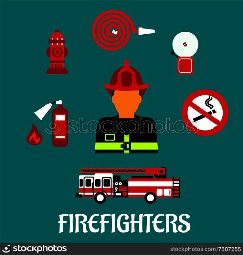 Firefighter profession concept with fireman in red helmet and fully protective suit, surrounded by fire truck, hose, extinguisher, hydrant, fire alarm and no smoking sign. Firefighter profession color flat icons