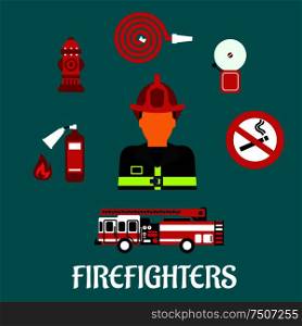 Firefighter profession concept with fireman in red helmet and fully protective suit, surrounded by fire truck, hose, extinguisher, hydrant, fire alarm and no smoking sign. Firefighter profession color flat icons