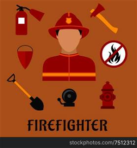 Firefighter profession flat icons with man in red protective helmet and suit, flanked by fire axe, conical bucket and shovel, extinguisher, fire alarm, hydrant and prohibition sign . Fireman with fire fighting tools, flat icons