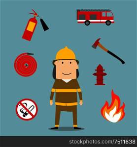 Firefighter profession icons with fireman in red protective helmet and suit, flanked by fire axe, conical bucket and shovel, extinguisher and fire alarm, hydrant and prohibition sign. Powerful fireman with fire fighting tools