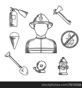 Firefighter profession sketch icons with man in protective helmet and suit, flanked by fire axe, bucket and shovel, extinguisher, fire alarm, hydrant and prohibition sign . Sketch style vector. Firefighter profession hand drawn sketch icons