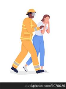 Firefighter rescuing scared girl semi flat color vector characters. Full body people on white. First responder duty isolated modern cartoon style illustration for graphic design and animation. Firefighter rescuing scared girl semi flat color vector characters