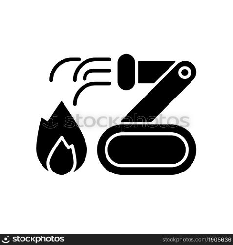 Firefighter robots black glyph icon. Providing fire suppression. Remote control by firefighter. Conducting rescue. Lives protection. Silhouette symbol on white space. Vector isolated illustration. Firefighter robots black glyph icon